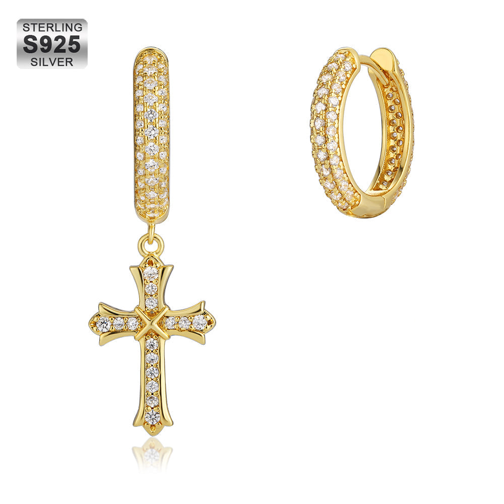 Gold Hoop Earrings for Men with CZ Dangle Cross KRKC