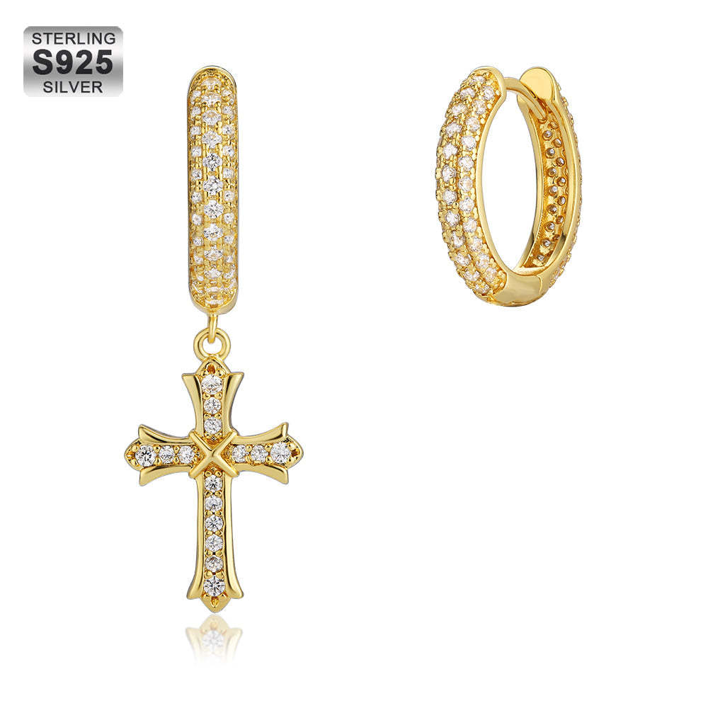 Gold Hoop Earrings for Men with CZ Dangle Cross KRKC