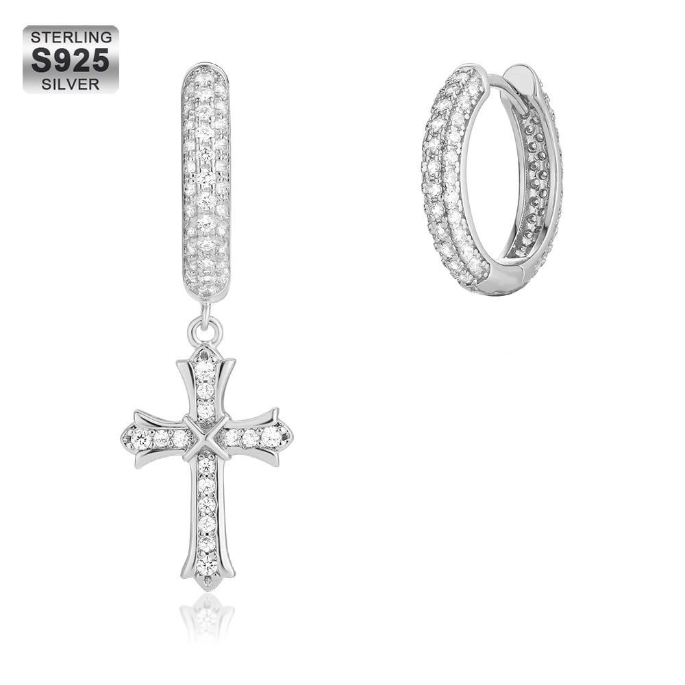 Gold Hoop Earrings for Men with CZ Dangle Cross KRKC