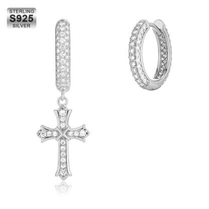 Gold Hoop Earrings for Men with CZ Dangle Cross KRKC