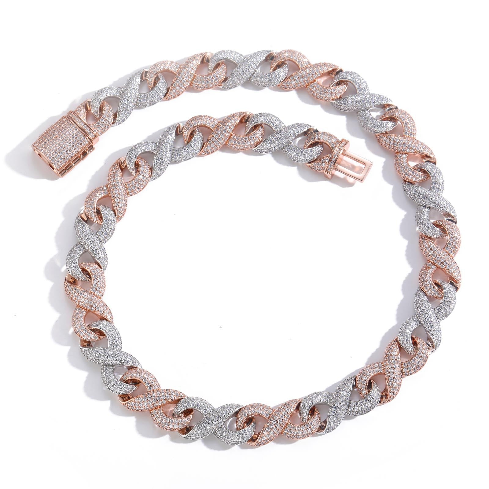 15mm Moissanite Two-Tone Infinity Symbol Cuban Chain