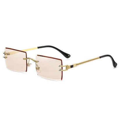 Crystal Cut Face Small Square Frame Twist Design Frame Rimless Sunglasses