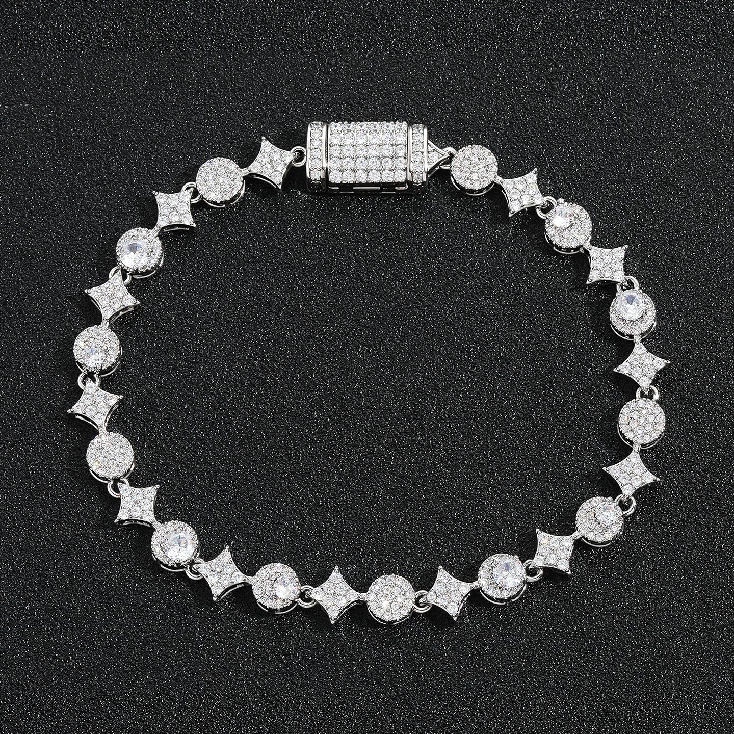 8mm Moissanite Four-Pointed Star & Round Link Bracelet Chain