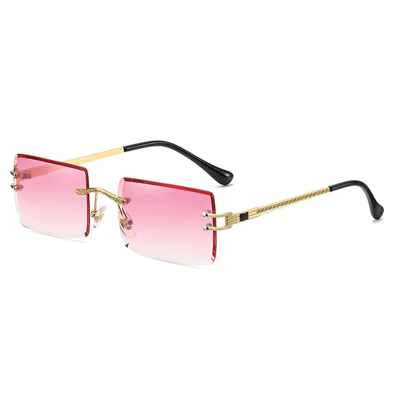 Crystal Cut Face Small Square Frame Twist Design Frame Rimless Sunglasses