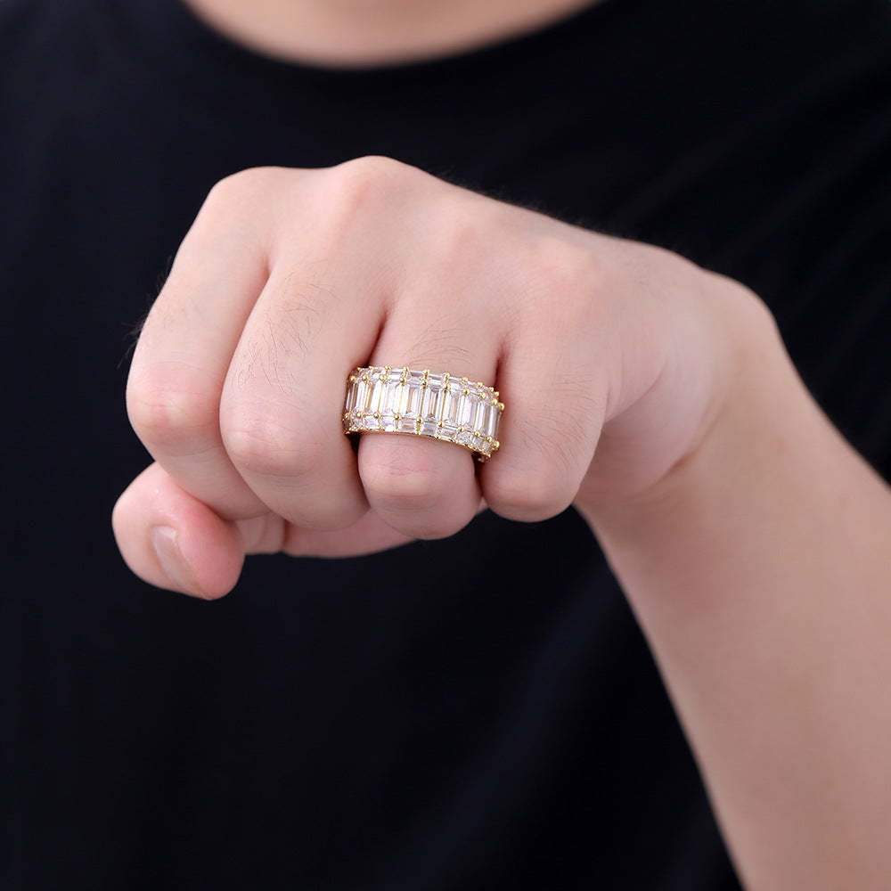Moissanite Three Row T-Square Hip Hop Ring