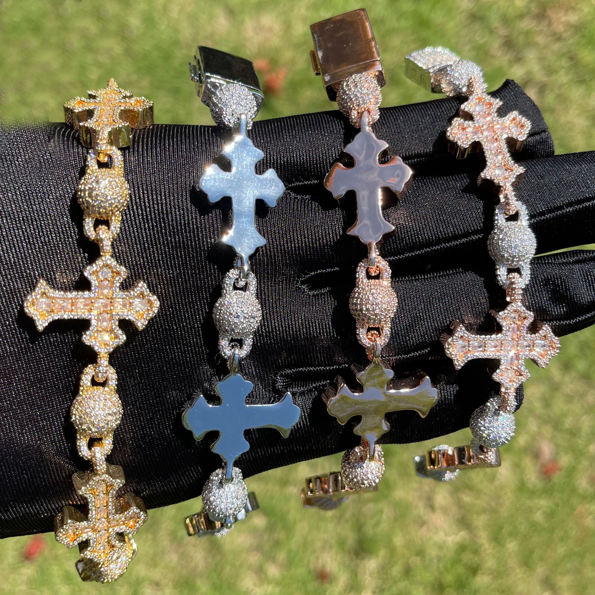 Hip-Hop Cross Bracelet with Moissanite Beads