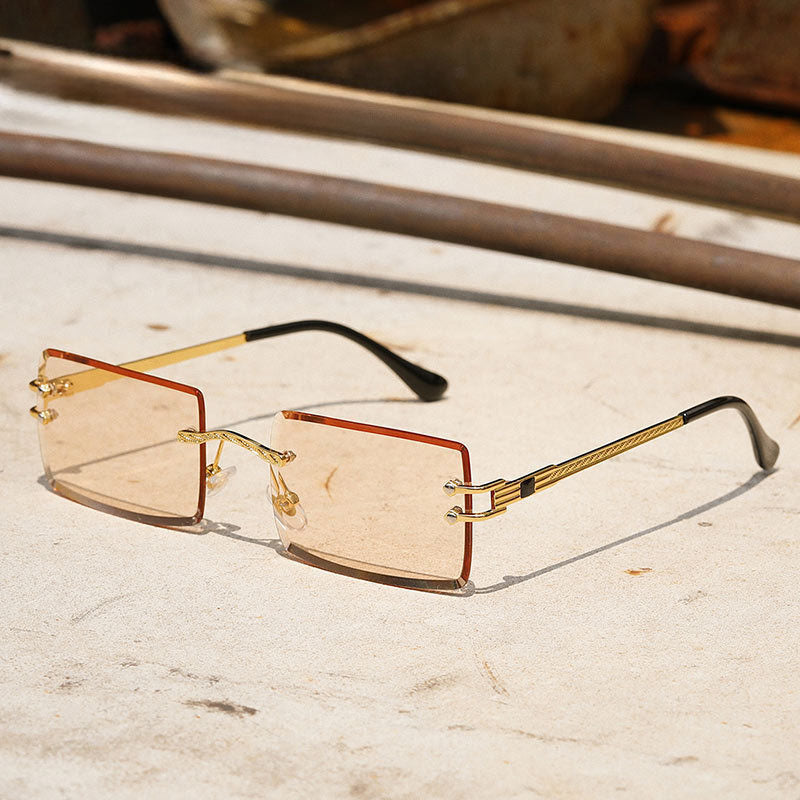 Crystal Cut Face Small Square Frame Twist Design Frame Rimless Sunglasses