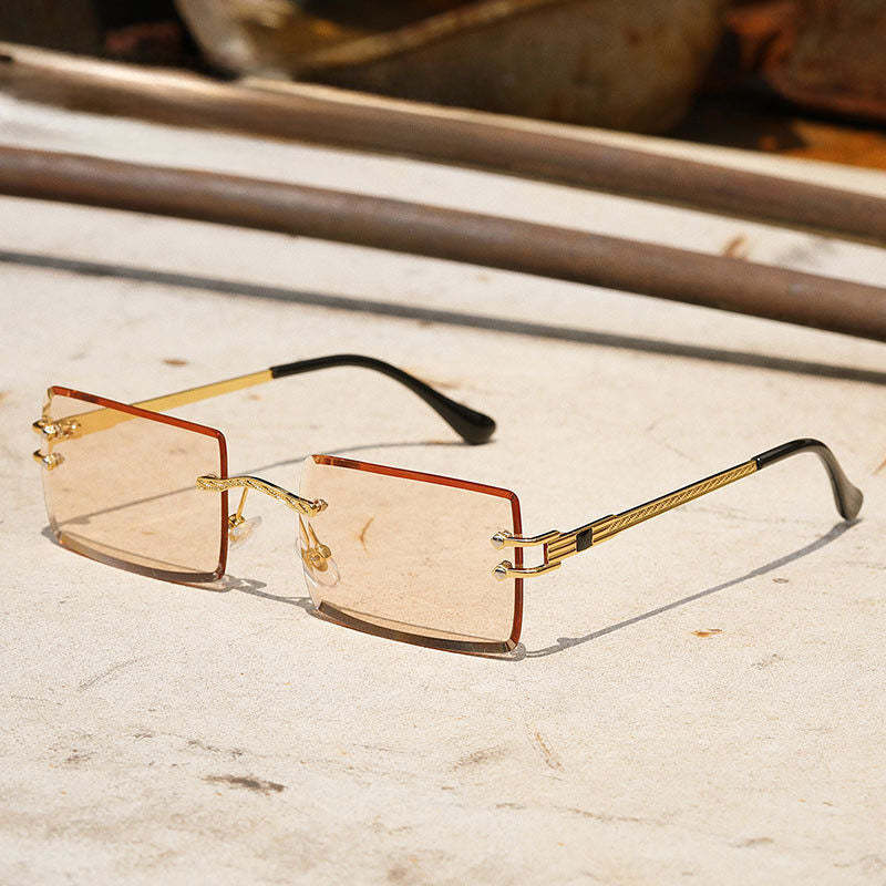 Crystal Cut Face Small Square Frame Twist Design Frame Rimless Sunglasses