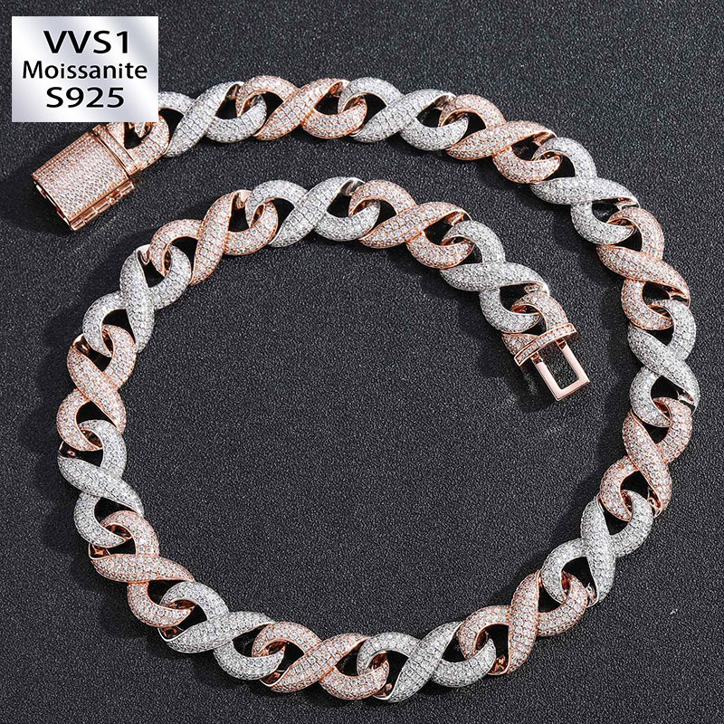 15mm Moissanite Two-Tone Infinity Symbol Cuban Chain