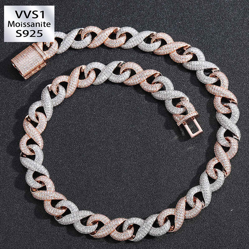 15mm Moissanite Two-Tone Infinity Symbol Cuban Chain
