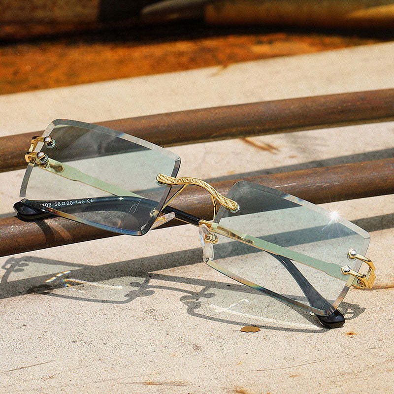 Crystal Cut Face Small Square Frame Twist Design Frame Rimless Sunglasses