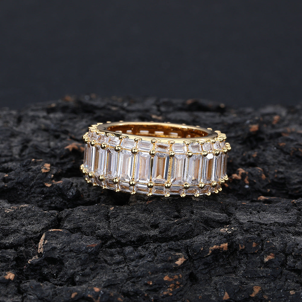 Moissanite Three Row T-Square Hip Hop Ring