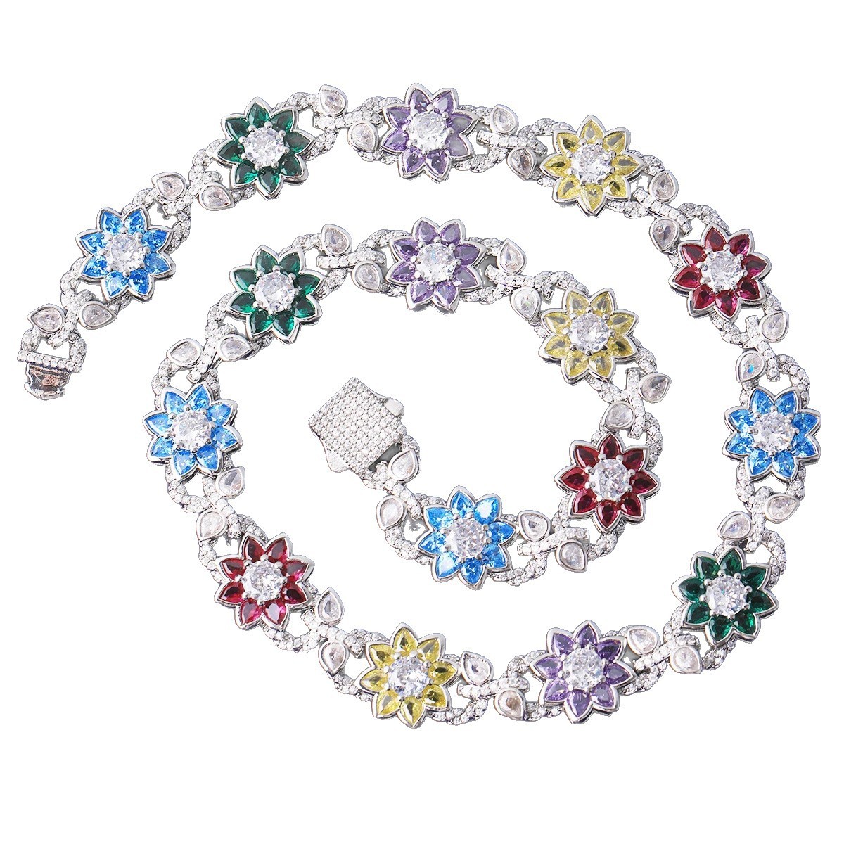 Hip-Hop Colored Flower Leaf Necklace with Moissanite