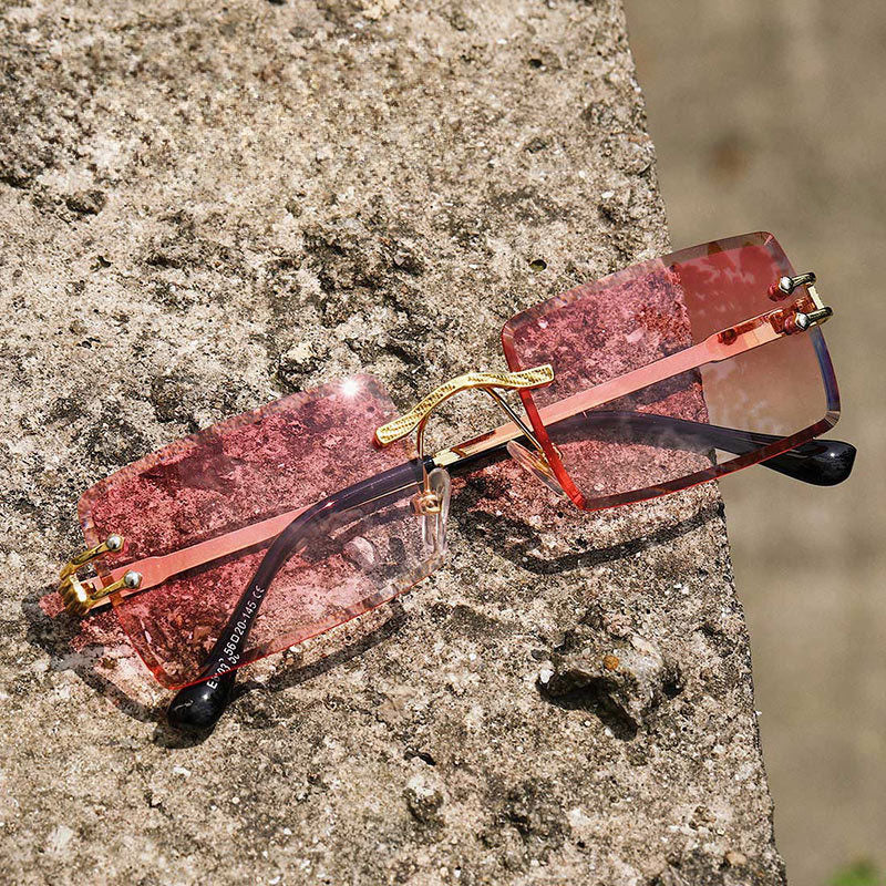 Crystal Cut Face Small Square Frame Twist Design Frame Rimless Sunglasses