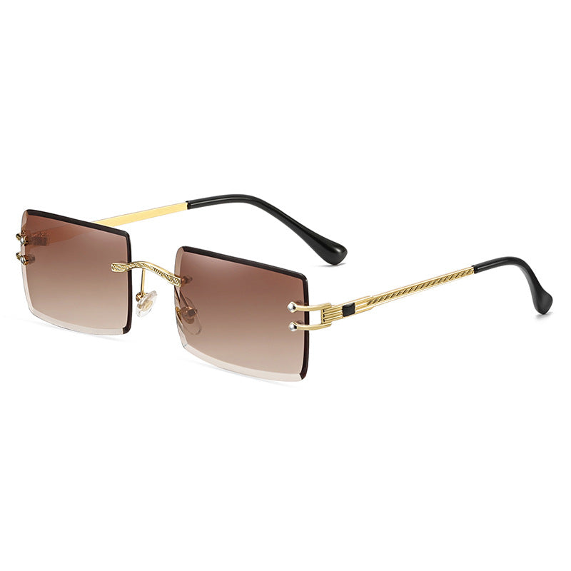 Crystal Cut Face Small Square Frame Twist Design Frame Rimless Sunglasses