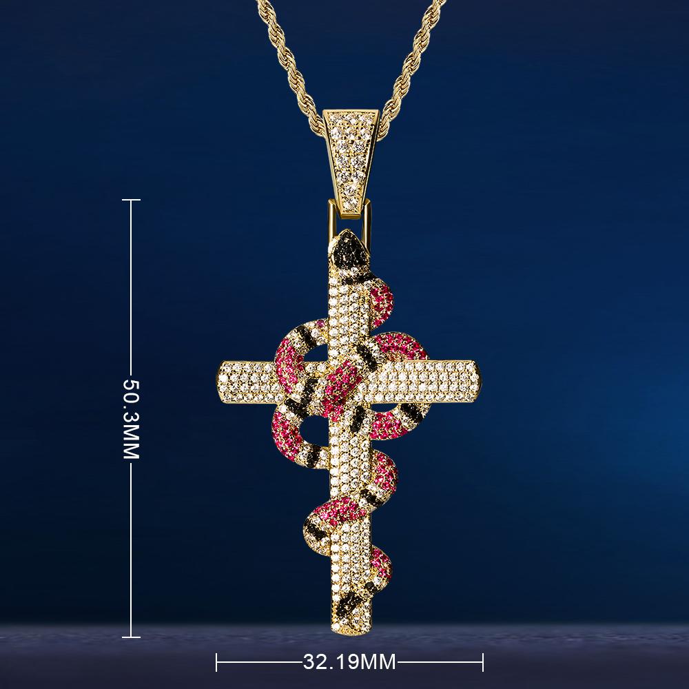 Iced Out Mens Cross Nacklace with Coral Snake Twist Pendant in 14K Gold