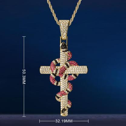 Iced Out Mens Cross Nacklace with Coral Snake Twist Pendant in 14K Gold
