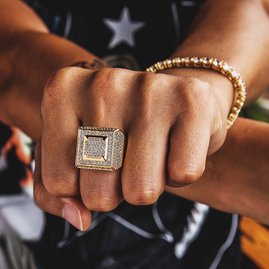Diamond CZ Retro Cubist Mens Ring in 14K Gold KRKC