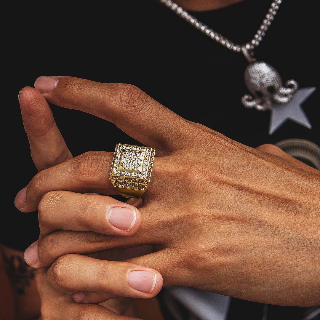 Diamond CZ Retro Cubist Mens Ring in 14K Gold KRKC