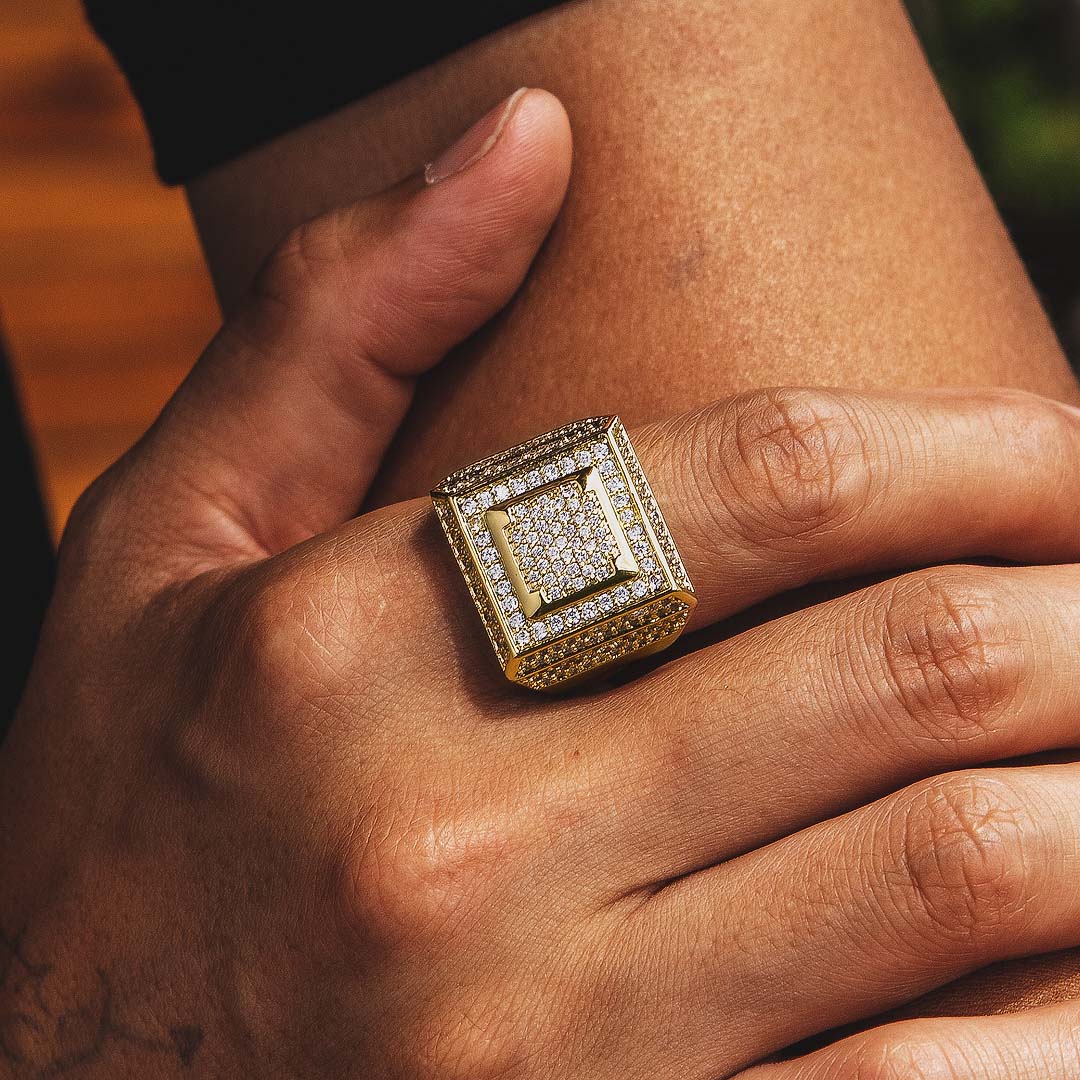 Diamond CZ Retro Cubist Mens Ring in 14K Gold KRKC