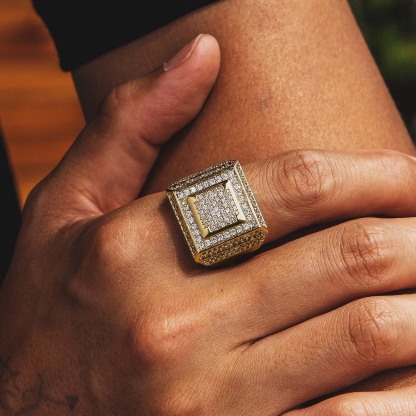 Diamond CZ Retro Cubist Mens Ring in 14K Gold KRKC