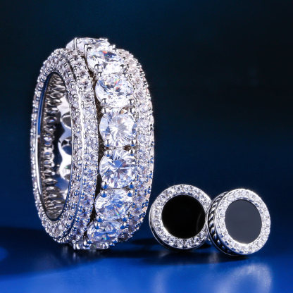 Iced Rotating Ring and Onyx Earrings Set White Gold Plated-krkcom
