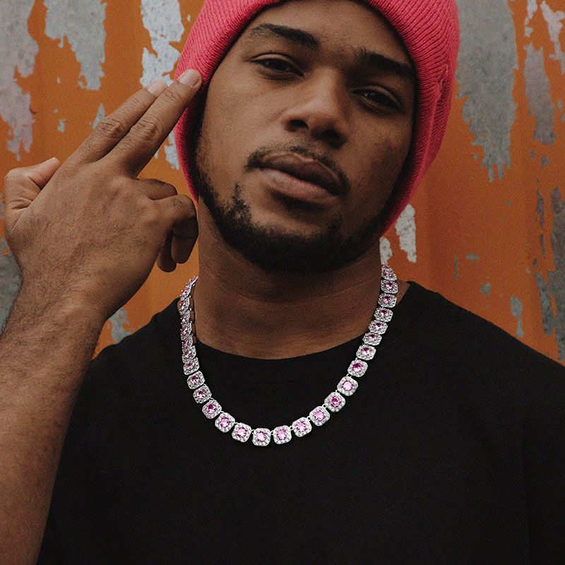 12mm Pink Clustered Moissanite Tennis Chain in White Gold