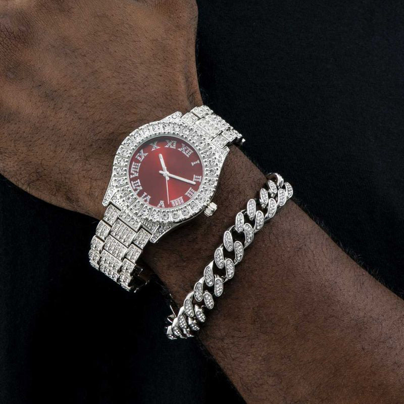 Iced Roman Numerals Watch and 12mm Moissanite Cuban Bracelet Set in White Gold