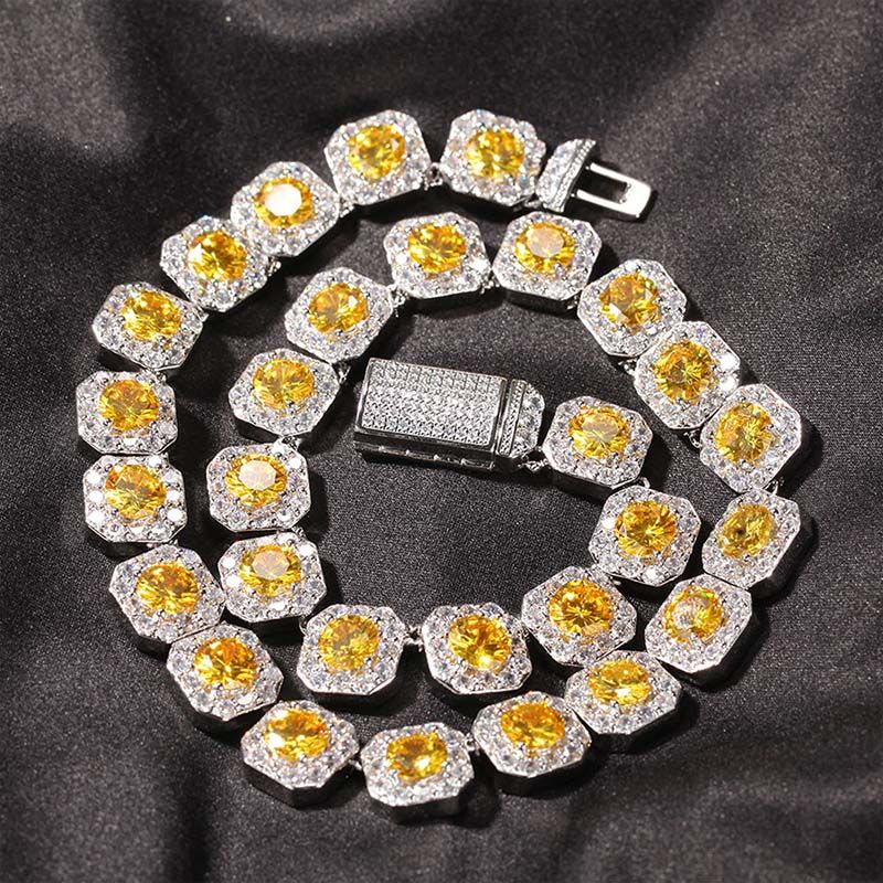 12mm Moissanite Yellow Handset Clustered Tennis Chain in White Gold