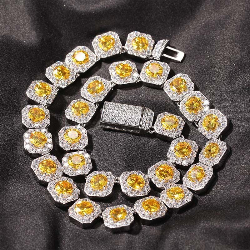 12mm Moissanite Yellow Handset Clustered Tennis Chain in White Gold