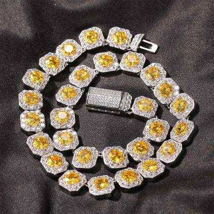 12mm Moissanite Yellow Handset Clustered Tennis Chain in White Gold