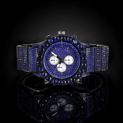 Iced Sapphire Round Cut Luminous Men's Watch in Black Gold
