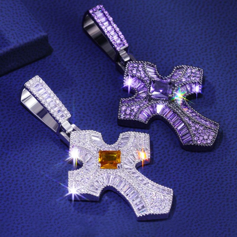 Iced Purple/Fancy Baguette Christian Cross Moissanite Pendant