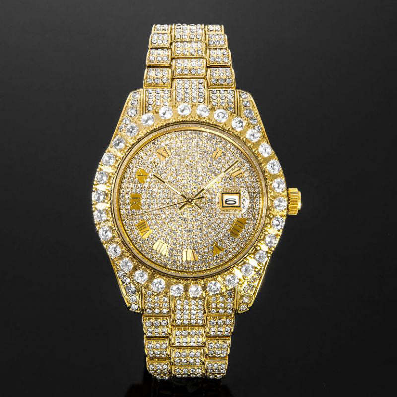 Iced Roman Numerals Round Cut Men's Watch in Gold