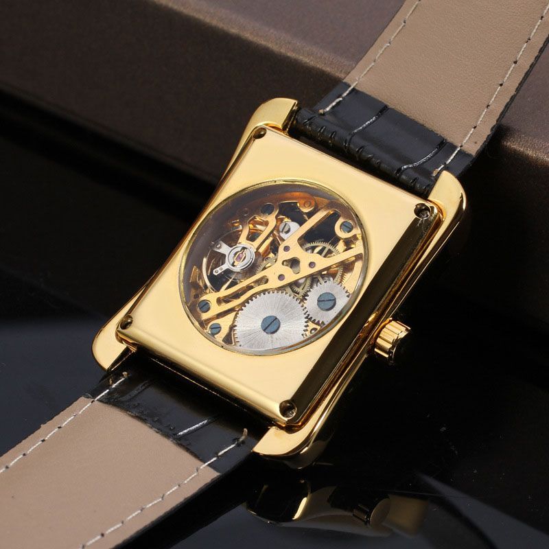 Skeleton Mechanical Tonneau Watch with Leather Strap