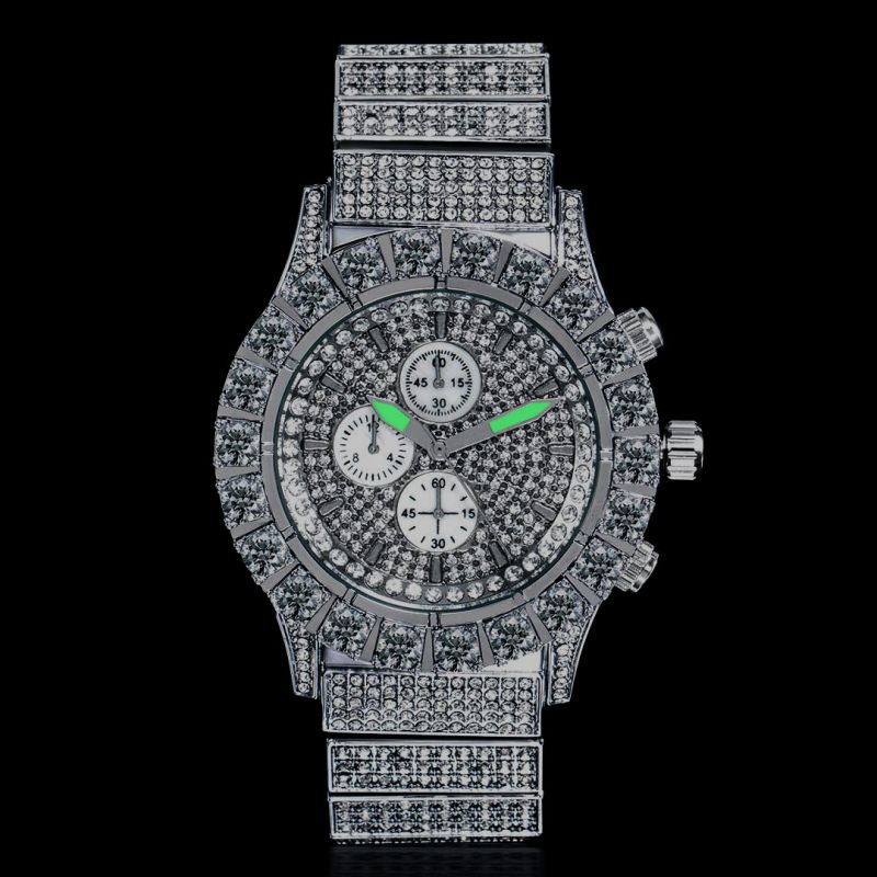 Iced Round Cut Luminous Men's Watch in White Gold