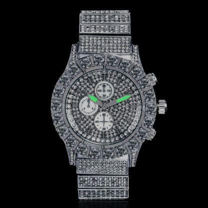 Iced Round Cut Luminous Men's Watch in White Gold