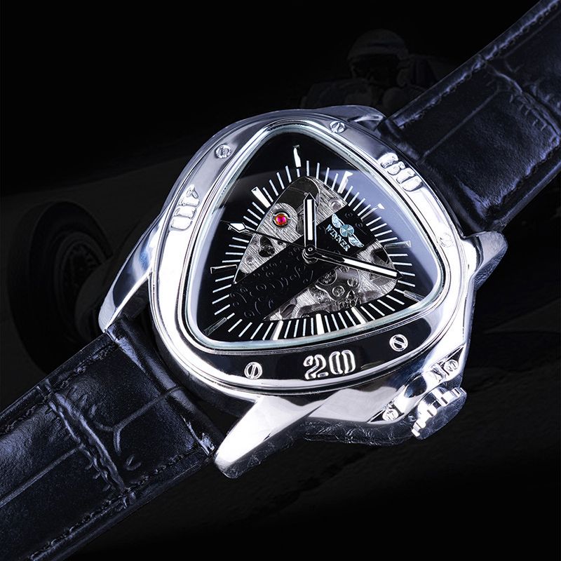 Triangle Skeleton Mechanical Watch with Black Leather Strap