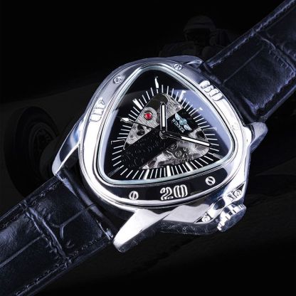 Triangle Skeleton Mechanical Watch with Black Leather Strap