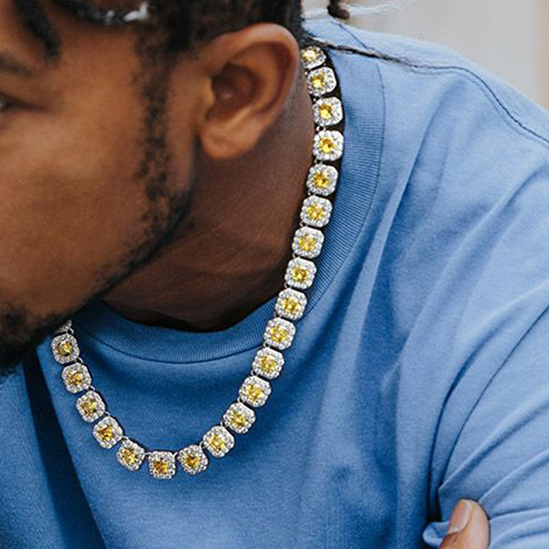 12mm Moissanite Yellow Handset Clustered Tennis Chain in White Gold