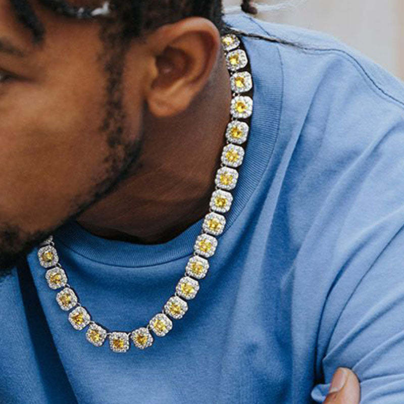 12mm Moissanite Yellow Handset Clustered Tennis Chain in White Gold