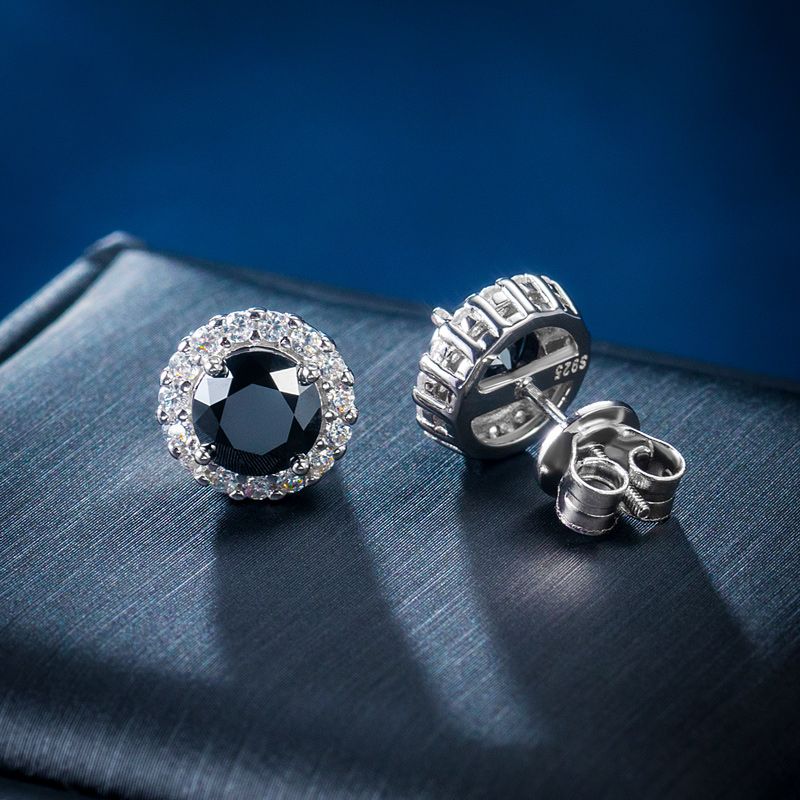 0.8 Carats *2 Round Black Halo VVS1 Moissanite Earrings in S925 Sterling Silver