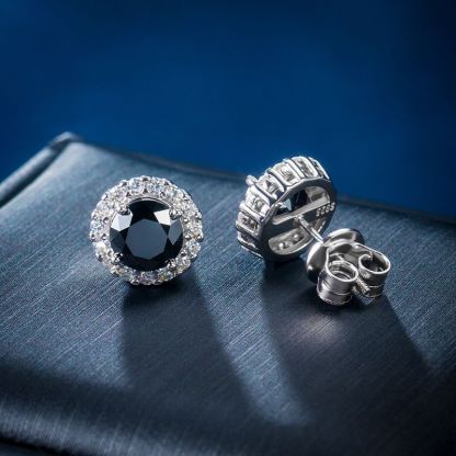 0.8 Carats *2 Round Black Halo VVS1 Moissanite Earrings in S925 Sterling Silver