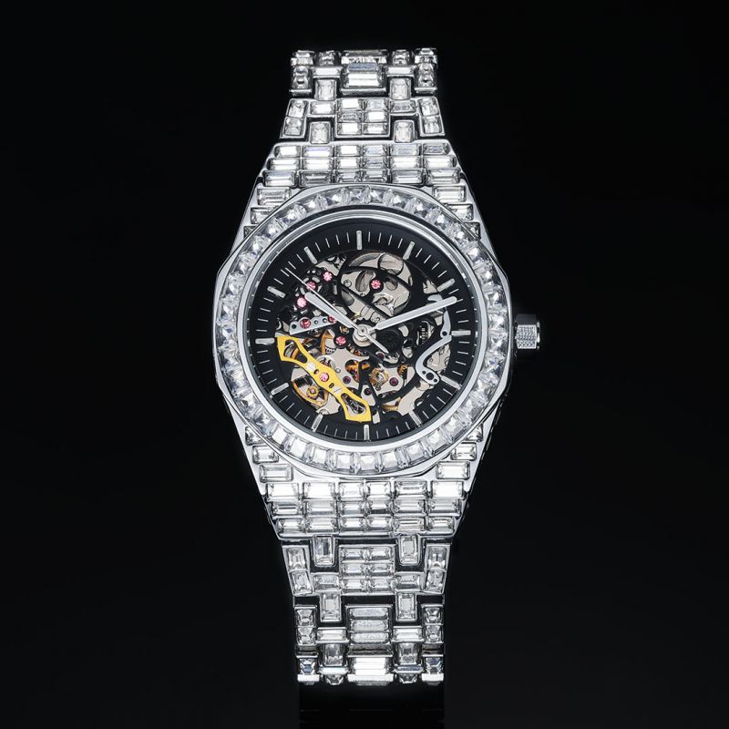 Iced Men's Mechanical Watch with Baguette Stones in White Gold