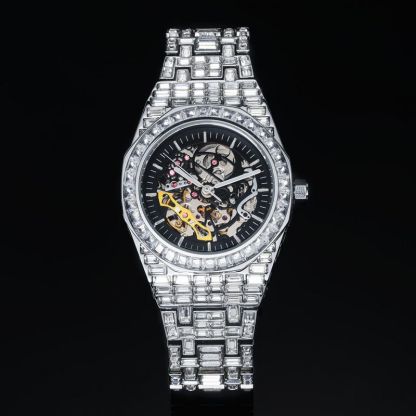 Iced Men's Mechanical Watch with Baguette Stones in White Gold