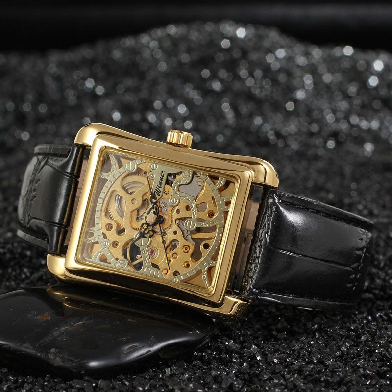 Skeleton Mechanical Tonneau Watch with Leather Strap
