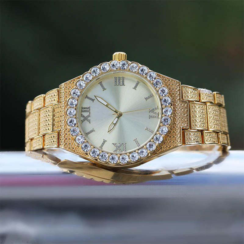 43mm Iced Round Cut Roman Numerals Men's Watch in Gold