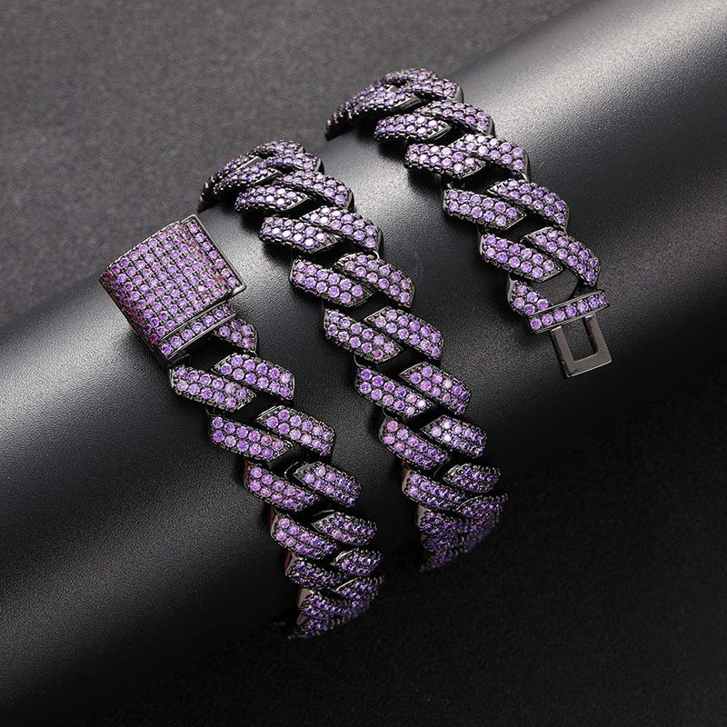 Iced Handset 15mm Moissanite Purple Cuban Link Chain in Black Gold