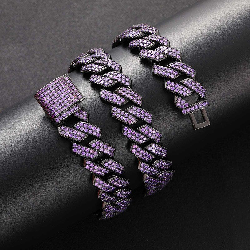 Iced Handset 15mm Moissanite Purple Cuban Link Chain in Black Gold