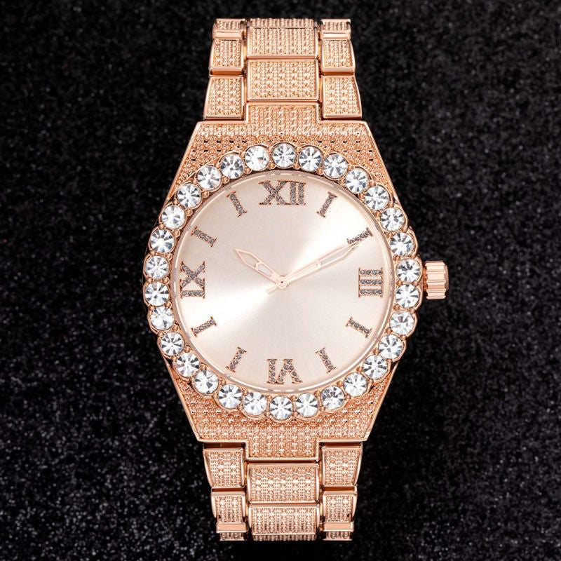 43mm Iced Round Cut Roman Numerals Men's Watch in Rose Gold